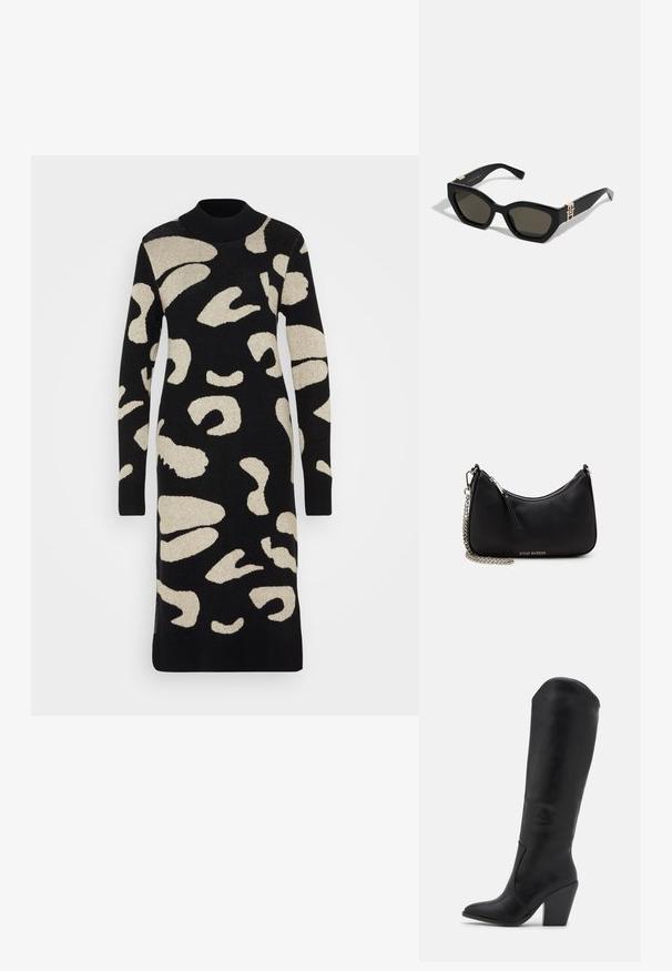 Strickkleid mit hohem Kragen, Schwarz als Basisfarbe und cremefarbenem abstraktem Leopardenmuster, langen Ärmeln und gerippten Bündchen.; RAID LAKELYN - High Heel Stiefel - black; Tommy Hilfiger Sonnenbrille - black; Schwarze synthetische Handtasche mit geschwungener Form, silberner Kettenriemen, Reißverschlussverschluss und eingeprägtem Markenlogo auf der Vorderseite. Glatte Textur.