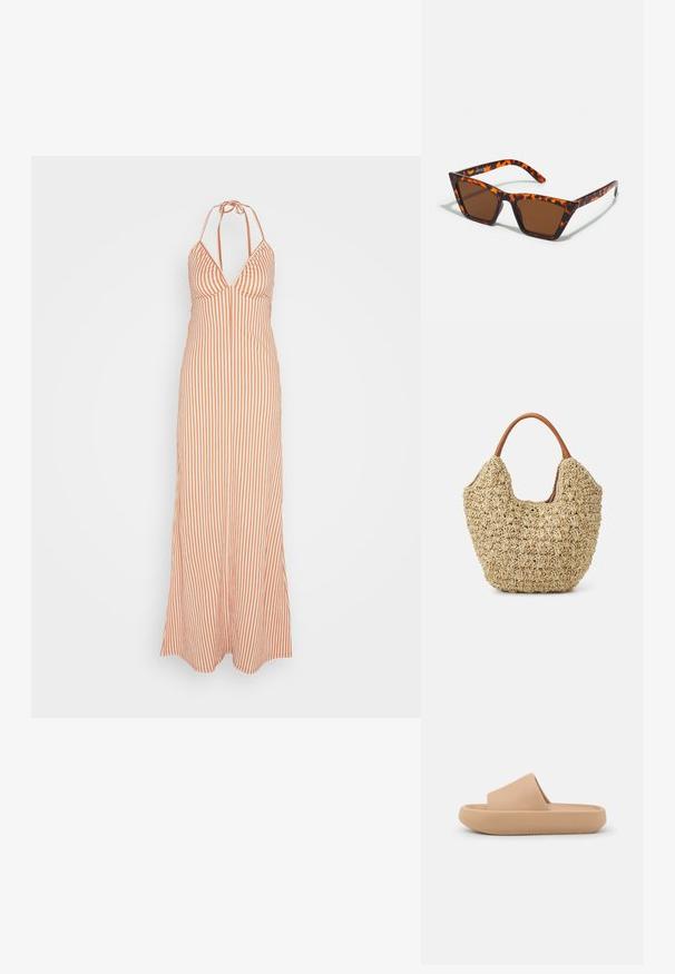 Anna Field by Zalando Maxikjoler - orange; Tan slidesandal med en tykk tekstureret rem og en rund sål. Har en glat overflade og en mønstret underside for bedre greb.; Brune tonede solbriller med et skildpadde-mønster, vinklede stel og slanke arme. Letvægts plastmateriale.; Vævet stråtasker med en naturlig tekstur og en blød, organisk form, der har brune læderhåndtag for nem bæring.