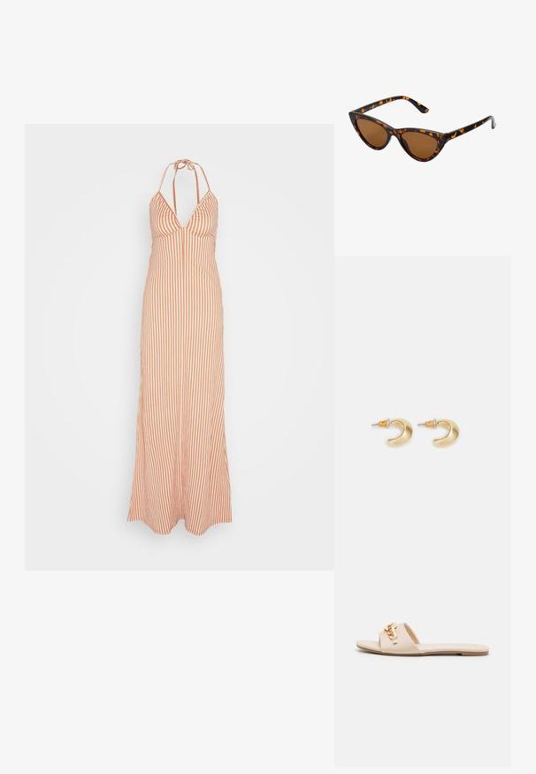 Anna Field Maxikjoler - orange; Beige slidesandaletter med åben tå, flad sål og dekorative metallkædeaccenter på stroppen. Glat materiale med minimal tekstur.; Kat-ejede solbriller med en sort og orange skildpaddemønstret stel, brune linser og slanke, spidse ender. Har et minimalistisk logo på skabelsen.; Guld halvmåneformede øreringe med en glat overflade, der har orange accenter nær stiften og sølv hardware.