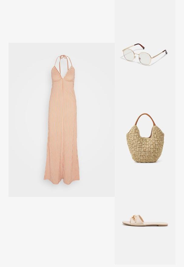 Anna Field Maxikjoler - orange; Beige slidesandaletter med åben tå, flad sål og dekorative metallkædeaccenter på stroppen. Glat materiale med minimal tekstur.; Guldmetals ovale briller med klare linser. Skildpadde-mønster detaljer på stængerne. Justerbare næsepuder for komfort.; Vævet stråtasker med en naturlig tekstur og en blød, organisk form, der har brune læderhåndtag for nem bæring.