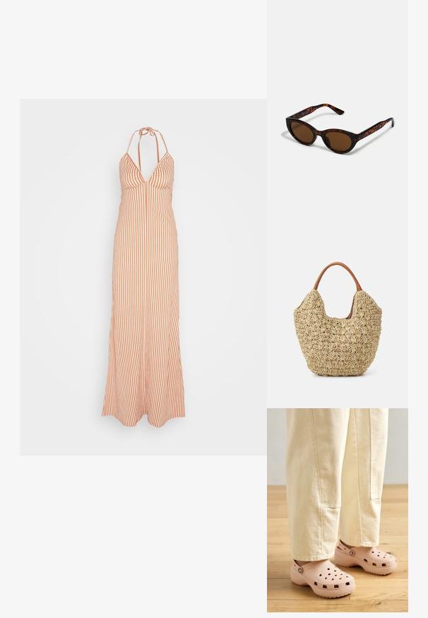Anna Field Maxi-jurk - orange; Lichtroze klompen van rubber, met ventilatiegaten, een gevormde pasvorm en een geprofileerde zool voor grip. Draagt in combinatie met lichtbeige broek.; Bruine schildpad zonnebril met een vintage cat-eye vorm en bruine lenzen. Heeft gebogen armen met rode accenten.; Geweven rieten tas met een natuurlijke textuur en een zachte, organische vorm, met bruine leren handvatten voor eenvoudig dragen.