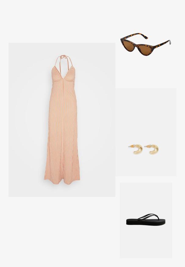 Anna Field by Zalando Vestido largo - orange; Chancla negra de goma con suela texturizada y correa en forma de Y, mostrada en vista lateral sobre un fondo liso y claro.; Gafas de sol estilo ojo de gato con montura de carey negra y naranja, lentes marrones y puntas elegantes y afiladas. Presenta un logo minimalista en la patilla.; Pendientes en forma de media luna de oro con un acabado suave, que presentan acentos naranjas cerca del pasador y herrajes de plata.