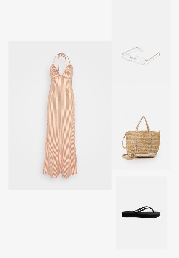 Anna Field Maxi-jurk - orange; Zwarte rubberen teenslipper met gestructureerd zool en Y-vormige band, zijaanzicht op een effen lichte achtergrond.; Gouden metalen bril met ovale lenzen, slanke armen en transparante neus pads. Heeft subtiele scharnieraccenten en transparante lenzen.; Vanessa Bruno CABAS PETIT - Handtas - beige