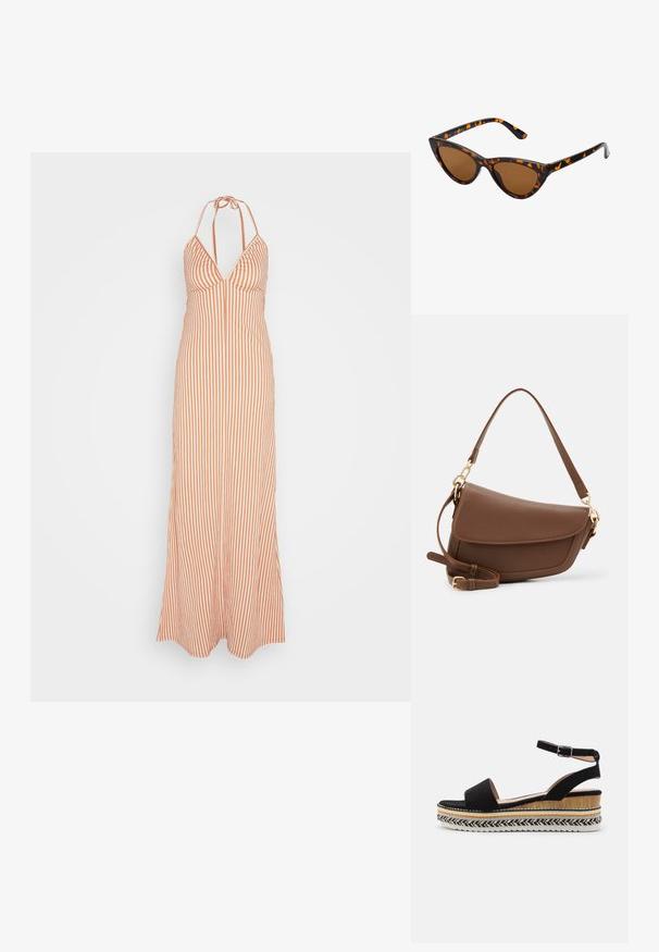 Anna Field Vestido largo - orange; Sanda negra de ante con una tira ancha, hebilla en el tobillo y una suela de cuña estratificada que presenta texturas naturales y un patrón trenzado.; Gafas de sol estilo ojo de gato con montura de carey negra y naranja, lentes marrones y puntas elegantes y afiladas. Presenta un logo minimalista en la patilla.; Bolso de hombro de cuero marrón con acabado texturizado, forma curvada, herrajes en tono dorado, correa ajustable y cierre de solapa.