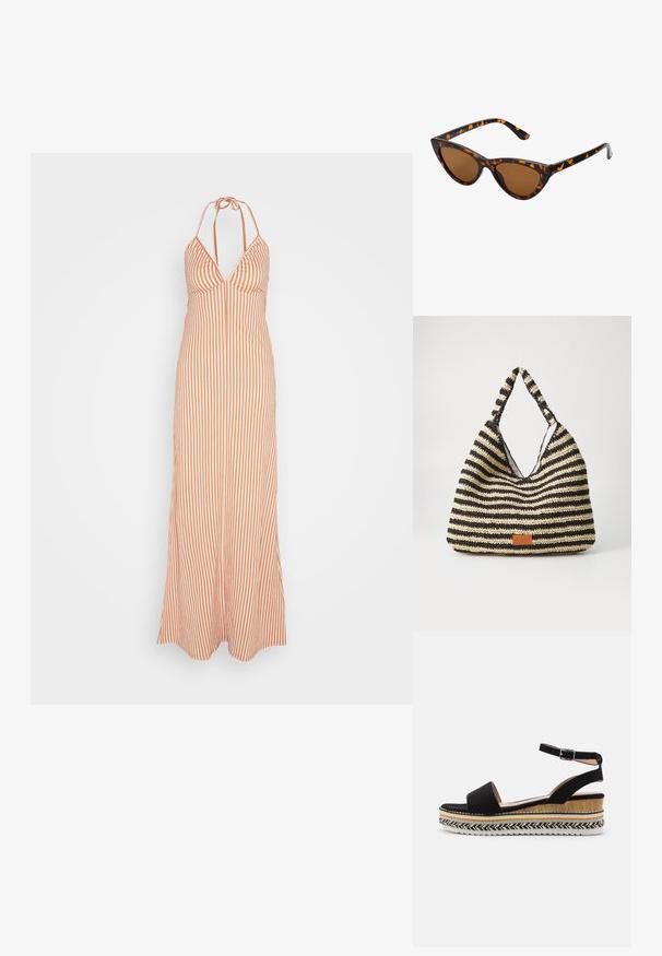 Anna Field by Zalando Maxikjoler - orange; Sort ruskindsandal med en bred rem, ankelspænde og en lagdelt kilehæl med naturlige teksturer og et flettet mønster.; Kat-ejede solbriller med en sort og orange skildpaddemønstret stel, brune linser og slanke, spidse ender. Har et minimalistisk logo på skabelsen.; Stribet vævet taske i sort og beige, med et slouchy design, tekstureret overflade og et lille lædermærke.