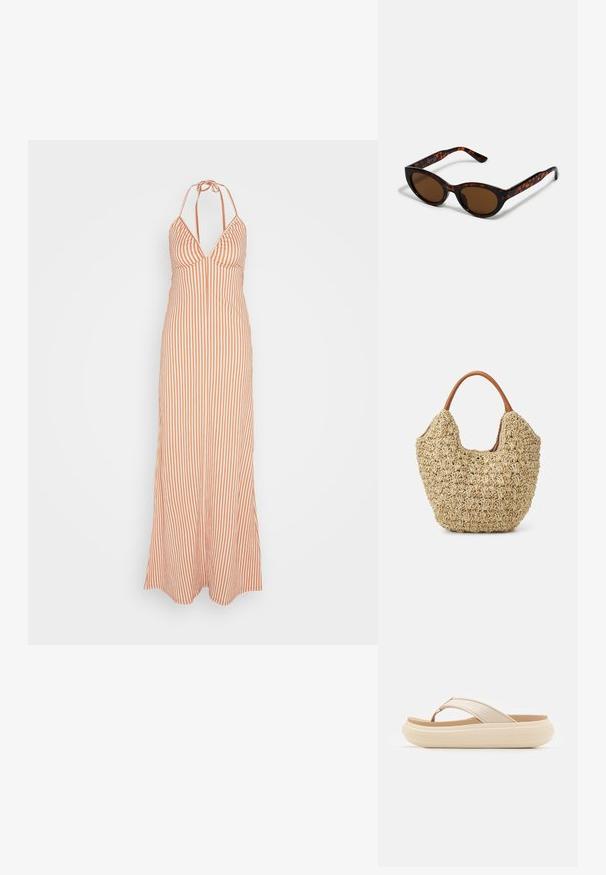 Anna Field by Zalando Maxikjoler - orange; Beige flip-flop sandal med en bred tåstrop og en tyk, rund sål. Har et glat overmateriale og en kontrasterende brun fodseng.; Brune skildpadde solbriller med en vintage katteøje-form og brune linser. Har buede arme med røde detaljer.; Vævet stråtasker med en naturlig tekstur og en blød, organisk form, der har brune læderhåndtag for nem bæring.