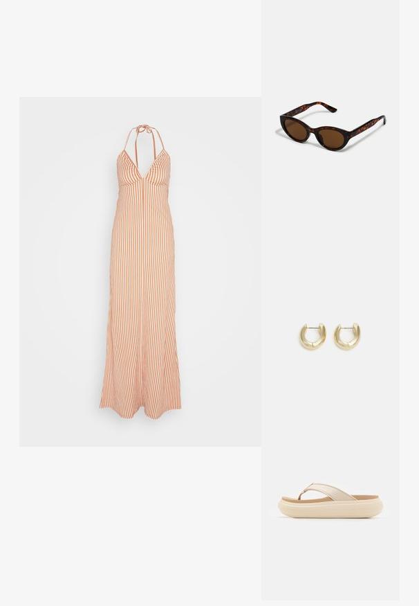 Anna Field by Zalando Maxikjoler - orange; Beige flip-flop sandal med en bred tåstrop og en tyk, rund sål. Har et glat overmateriale og en kontrasterende brun fodseng.; Brune skildpadde solbriller med en vintage katteøje-form og brune linser. Har buede arme med røde detaljer.; Guld-tone hoop øreringe med en glat, poleret overflade. Har en halvcirkelform og en sikker stiftlukning.