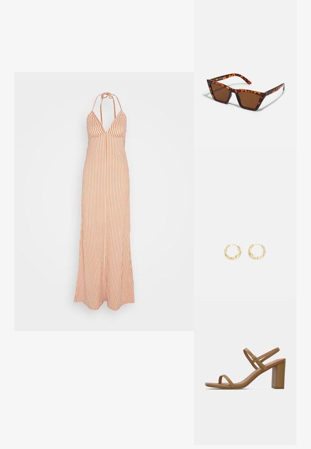 Anna Field by Zalando Maxikjoler - orange; Lysebrune hælede sandaler med to slanke stropper og en firkantet blokhæle. Glat materiale med minimalistisk design og en lille guldbeslag detalje.; Brune tonede solbriller med et skildpadde-mønster, vinklede stel og slanke arme. Letvægts plastmateriale.; Guld hoops øreringe med en tekstureret, ujævn overflade. Har et let design og cirkulær form, egnet til hverdagsbrug.