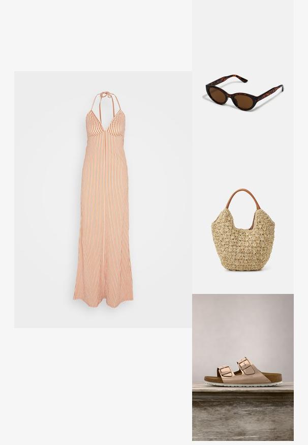 Anna Field by Zalando Vestido largo - orange; Sandalias deslizantes en oro rosa con dos hebillas metálicas ajustables, plantilla de corcho y suela de goma blanca. Acabado metálico suave, diseño de punta abierta.; Gafas de sol de carey marrón con una forma vintage de ojo de gato y lentes marrones. Presentan brazos curvados con acentos rojos.; Bolsa de tote de paja trenzada con una textura natural y una forma suave y orgánica, con asas de cuero marrón para un fácil transporte.