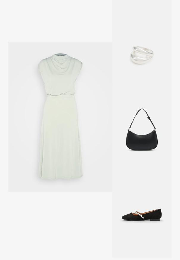 Anna Field by Zalando Robe en jersey - olive; Ballerines en velours noir à bout pointu, dotées d'une strap décorative ornée de perles blanches et d'un petit talon.; Pieces PCALUANA SHOULDER BAG - Sac à main - black; Bague en argent à double bande avec une surface lisse et polie. Présente un design fluide et courbé avec des sections qui se chevauchent pour un look moderne.