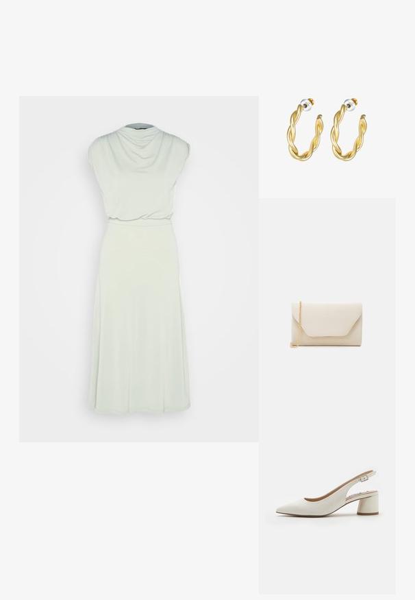 Anna Field Vestido ligero - olive; Zapato de tacón destalonado de cuero blanco con punta afilada, tacón bloque de altura media y correa ajustable. Textura suave; diseño minimalista.; Bolso de mano beige con textura suave, correa de cadena dorada y una solapa estilo sobre con un ribete dorado en contraste.; Pendientes de aro retorcidos en oro con una superficie lisa, que cuentan con un respaldo transparente y herrajes en tono dorado.