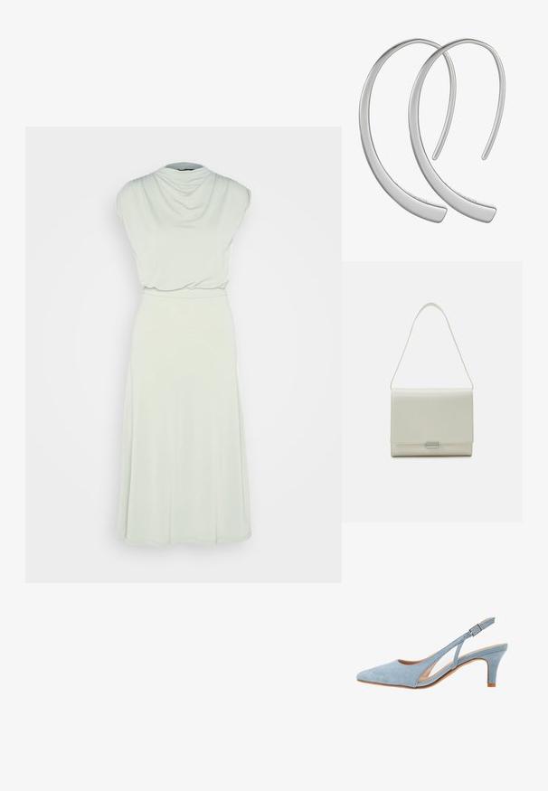 Anna Field Jerseyjurk - olive; Lichtblauwe nubuck slingback hak, puntige neus, verstelbaar enkelbandje met metalen gesp, natuurlijke beige binnenzool en lage hak.; Calvin Klein ARCHIVE SHOULDER BAG SHINY - Handtas - ecru; Zilveren metalen oorbellen in de vorm van een gladde, glanzende, gebogen halve maan, met een minimalistisch ontwerp en zonder zichtbare patronen.