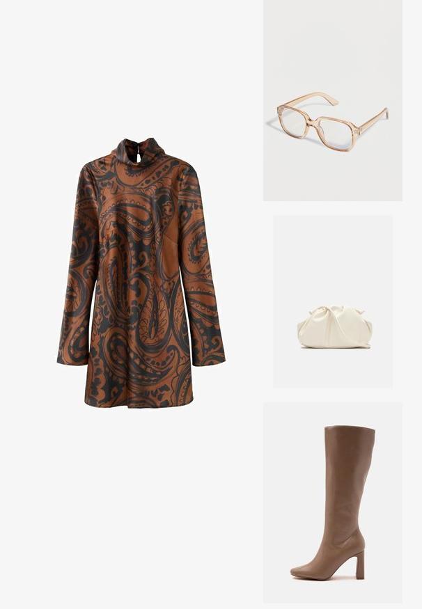 Robe marron à manches longues avec un motif cachemire noir. Col montant avec une ouverture en goutte d'eau dans le dos. Tissu lisse et léger.; Botte en cuir marron mi-mollet avec bout pointu et talon haut épais, vue de profil sur fond blanc.; Monture de lunettes rectangulaire translucide brun clair avec verres transparents présentée sur un fond blanc.; Pochette en cuir souple couleur crème avec un design froncé et une fine bandoulière reposant à l’avant sur un fond uni.
