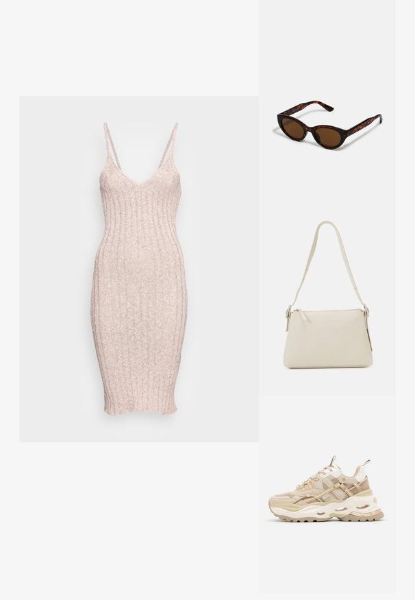 Zign by Zalando SUMMER STRAPPY DRESS - Strikkjoler - mottled brown; Beige og hvide chunky sneakers med tyk sål, mesh- og læderpaneler, ovale udskæringer i mellemsålen, trækstropper på tunge og hæl.; Brune skildpadde solbriller med en vintage katteøje-form og brune linser. Har buede arme med røde detaljer.; Beige skuldertaske lavet af glat læder med lynlås-lukning. Har et enkelt design, slank skulderrem og metalbeslag som detaljer.