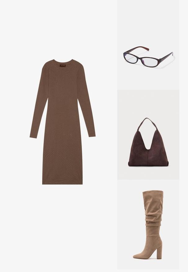 Anna Field Robe en jersey - brown; Anna Field Bottes - beige; Lunettes en plastique marron avec une forme slim et allongée. Verres transparents avec une légère teinte violette. Marquage subtil sur la branche.; Grand sac à main en cuir marron avec une texture tissée et une seule bandoulière, présenté sur un fond clair uni.
