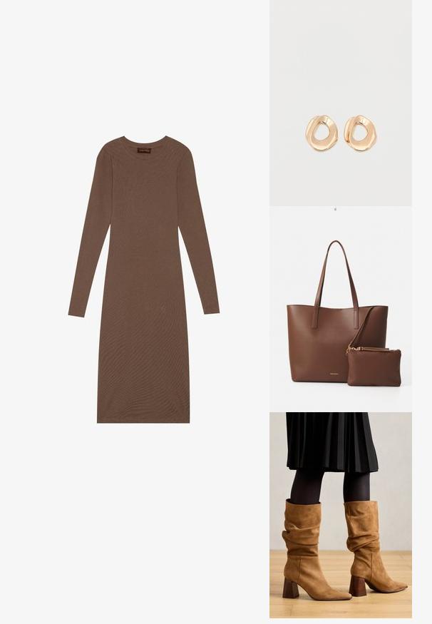Anna Field by Zalando Φόρεμα από ζέρσεϊ - brown; Καφέ σουέτ μπότες έως τον αστράγαλο με μυτερή μύτη και ξύλινες τακούνες. Φοριούνται με μαύρες καλσόν και πλισέ μαύρη φούστα.; Καφέ ψεύτικη δερμάτινη τσάντα tote με δύο μακριές λαβές και μια μικρή τσάντα ταιριάζουσα. Η επιφάνεια έχει υφή και χρυσές λεπτομέρειες.; Ζευγάρι σκουλαρικιών κρίκος από μέταλλο σε χρυσή απόχρωση με γυαλιστερό φινίρισμα και ακανόνιστο σχήμα, με ανοιχτό κέντρο, σε λευκό απλό φόντο.