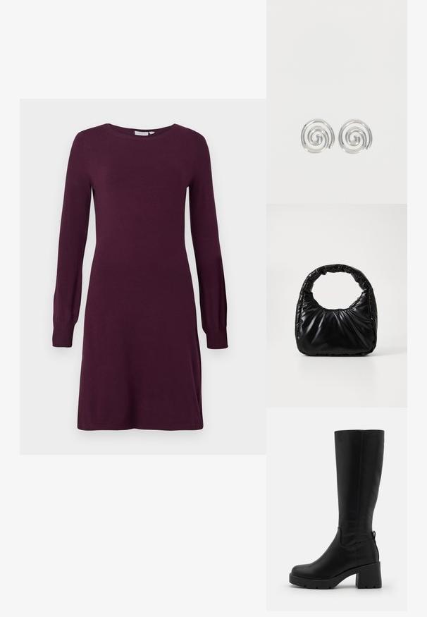 Robe en tricot d'un violet profond avec un col rond et des manches longues, dotée de poignets ajustés et d'une silhouette décontractée. Texture douce sur l'ensemble.; Even&Odd by Zalando Bottes à plateau - black; Sac à main noir rembourré avec une poignée arrondie, présentant une surface lisse et brillante ainsi qu'une texture douce et matelassée. Pas de quincaillerie ou d'accents visibles.; Paire de boucles d'oreilles en forme d'anneau spirale en argent avec un design lisse et arrondi sur fond blanc uni.