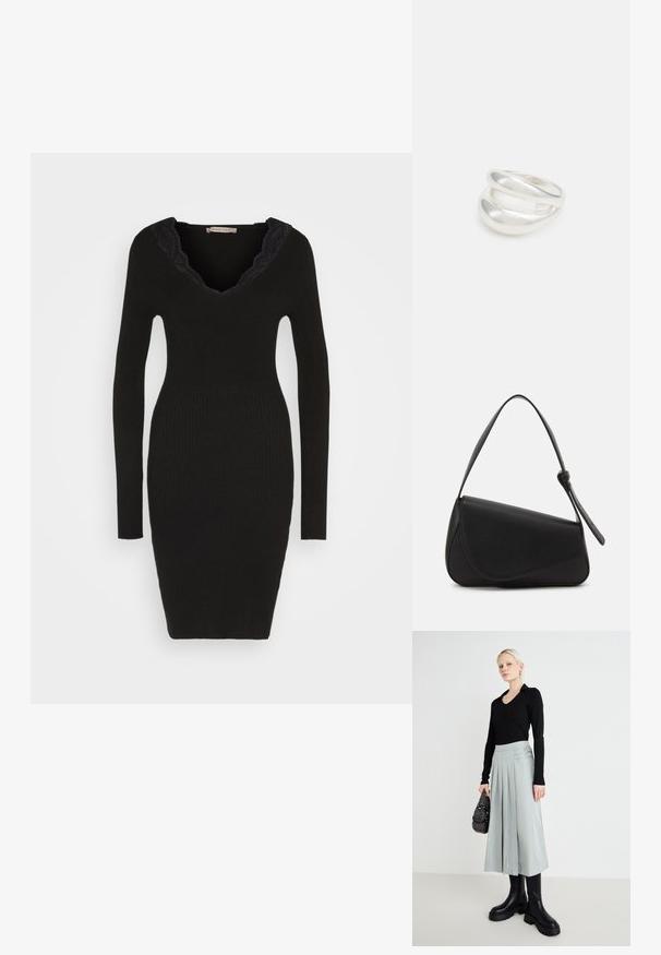 Anna Field by Zalando Strickkleid - black; Schwarzes Langarmoberteil, hellgrauer plissierter Rock mit Doppelverschlussdetails und schwarzen Boots mit dicker Sohle; silberne Handtasche mit Verzierungen.; Schwarze Lederhandtasche mit dreieckiger Form, schrägem Klappdeckel und rundem Oberhandgriff. Verfügt über eine glatte Textur und minimalistische Designdetails.; Silberner Doppelring mit einer glatten, polierten Oberfläche. Verfügt über ein fließendes, kurviges Design mit überlappenden Abschnitten für einen modernen Look.