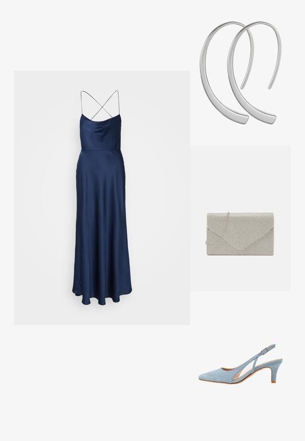 Jarlo ADIA - Robe de cocktail - navy; Talons escarpins en daim bleu clair, à bout pointu, avec une bride de cheville réglable à boucle en métal, semelle intérieure beige naturel et talon bas.; Pochette argent métallique au design d'enveloppe, ornée d'un motif texturé, avec une chaîne amovible.; Boucles d'oreilles en métal argenté en forme de croissant, avec une surface lisse et brillante. Elles présentent un design minimaliste sans motifs visibles.
