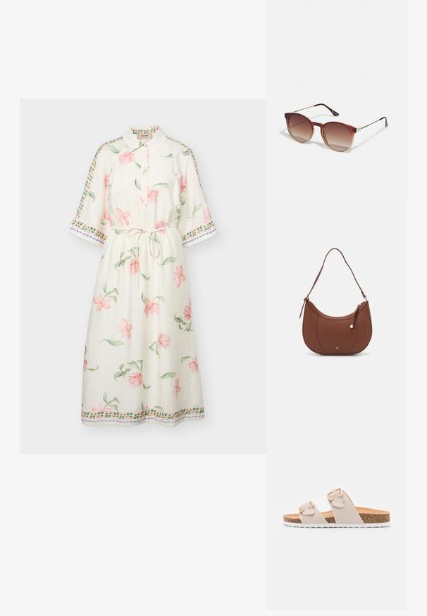 Robe midi blanche à imprimé floral rose, manches trois quarts, col boutonné, ceinture à la taille et bordure décorative sur les manches et l'ourlet.; Sandales à glissière beige avec deux sangles réglables et boucles en ton doré. Semelle en liège avec une semelle extérieure en caoutchouc blanc texturé.; Lunettes de soleil rondes avec des verres dégradés marron, une monture en acétate écaille de tortue, et des accents en métal doré sur le pont et les branches.; Sac à épaule en faux cuir brun, de forme arrondie, avec des coutures minimales et un accent en matériel doré. Il possède une fermeture zippée sur le dessus et une sangle réglable.