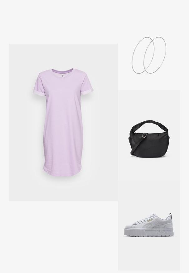 JDY IVY - Trikotāžas kleita - lavendula; Baltas platformas tipa apavā ar gludu ādas virsmu, mīkstu apkaklīti, pelēku gumijas zoli un zelta akcentiem, kuros iestrādāts Puma logotips.; Melna auduma plecu soma ar savīti rokturi, noņemamu siksniņu un ar rāvējslēdzēju aizveramu augšu. Gluda tekstūra un minimālisma dizains.; Plānas sudraba stīpas auskari ar mazām aizdares, attēlotas pārklājošās uz balta fona.