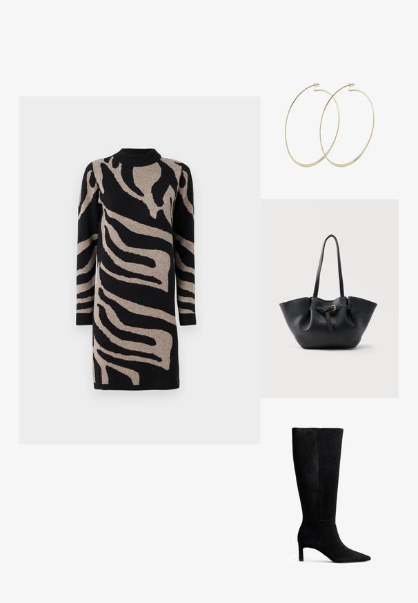 Strikket kjole med et sort og beige zebra-stribet mønster, høj halsudskæring og lange ærmer, med en blød tekstur og afslappet pasform.; Sorte suede knæhøj støvle med spids tå og en slank stiletto-hæl. Glat tekstur med et rent design uden synlige hardware eller accenter.; Sort lædertaske med lange håndtag og en frontrem med en lille gylden spænde, sat mod en ensfarvet baggrund.; Pilgrim Øreringe - gold-coloured