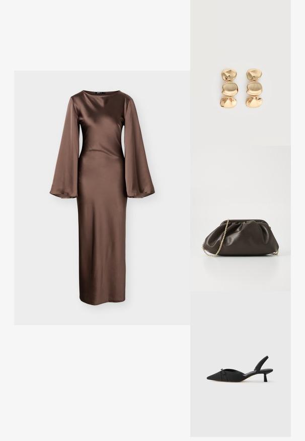 Brun satinlang kjole med tætsiddende korset, bådudskæring og brede klokkeærmer, der går til ankellængde.; Sorte slingback heels med spids tå, overdelen i stof, sløjfedetalje på vamps, og en lav, cylindrisk hæl.; Brun læderhandtaske med en sammensnøring, guld kædestrop og blød, struktureret overflade. Kompakt form velegnet til aftensbrug.; Øreringe i guldfarve med dråbeform og tre uregelmæssige, glatte, afrundede segmenter stablet lodret på en enkelt lys baggrund.