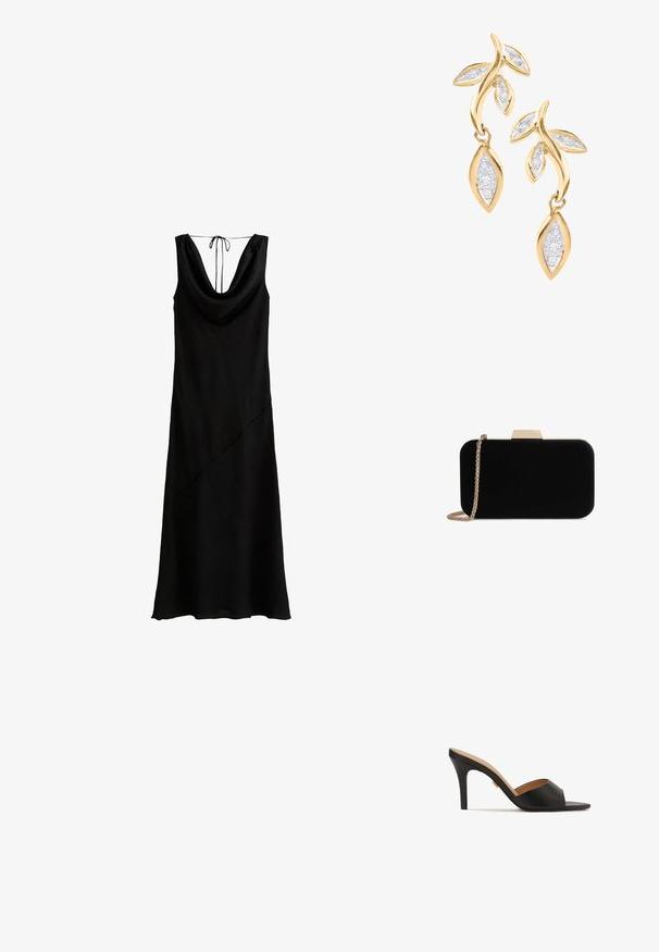 Vestido negro sin mangas con escote drapeado y cierre trasero con lazo; presenta una costura diagonal y una textura suave.; Zapatillas de tacón alto abiertas en la parte delantera, de color negro, con un upper de cuero suave, punta almendrada y un elegante tacón de aguja. Detalle decorativo en tono dorado visible.; Clutch de terciopelo negro con herrajes en tono dorado, de forma rectangular y con correa de cadena, que presenta una textura suave y sin patrones visibles.; DIAMANT L'ÉTERNEL Pendientes - gold coloured