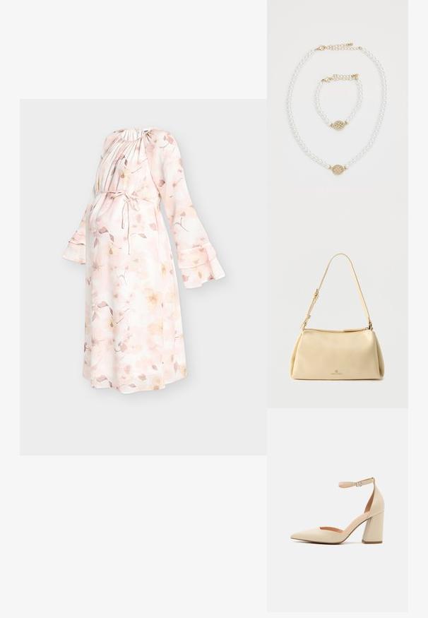 Vestido premamá en tejido suave y ligero con un estampado floral en tonos rosa pálido y dorado, con mangas largas y cinturón ajustable para un ajuste perfecto.; Zapato de tacón alto de charol beige con punta afilada, correa en el tobillo y tacón grueso. Textura suave con detalles de costura mínimos.; Bolso de hombro beige rectangular con correa ajustable y cierre de cremallera, con un pequeño logo "Anna Field" en el centro frontal.; Collar de perlas y pulsera a juego con cierres de oro y un charm redondo de oro decorado con pequeños cristales sobre un fondo blanco.