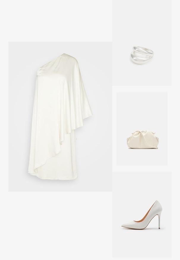 ARKET Robe de soirée - beige light; Pompe à talon aigu en cuir verni blanc avec un bout pointu et une fine talon stiletto, présentant une texture lisse et un intérieur beige.; Pochette en cuir souple couleur crème avec un design froncé et une fine bandoulière reposant à l’avant sur un fond uni.; Bague en argent à double bande avec une surface lisse et polie. Présente un design fluide et courbé avec des sections qui se chevauchent pour un look moderne.