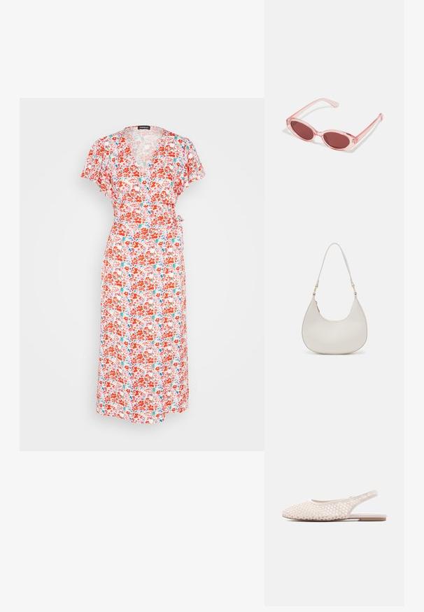 Even&Odd by Zalando Φόρεμα ημέρας - red/blue/multi-coloured; Μπεζ επίπεδο παπούτσι slingback με υφαντό, ανοιχτό πλέγμα και κλειστή μύτη, εμφανίζεται σε λευκό φόντο.; Ροζ διαφανή γυαλιά ηλίου με ωοειδείς φακούς, σκούρο κόκκινο τόνισμα και κομψούς βραχίονες, με απαλή υφή και διακριτές λεπτομέρειες στο σκελετό.; Κρέμα δερμάτινη τσάντα ώμου σε σχήμα ημισελήνου, με λεπτό λουράκι και διακριτικές ραφές. Μινιμαλιστικός σχεδιασμός με χρυσές λεπτομέρειες.