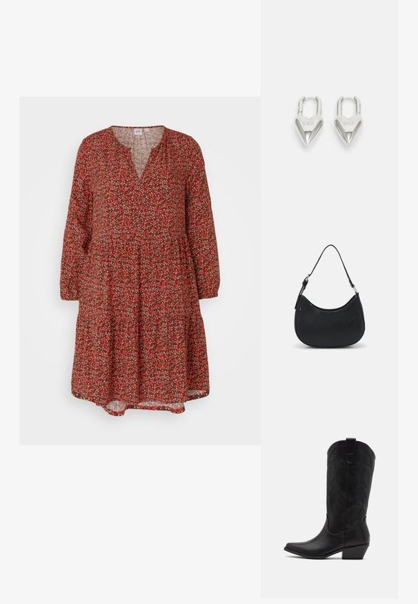 GAP ZEN MINI TIER DRESS - Denné šaty - red; Čierne kožené kovbojské čižmy s špicatou špičkou, nízkym stohovaným podpätkom a zložitým embosovaným vzorom listov na holeni. Očko na vrchu pre jednoduché obúvanie.; Čierna taška hobo vyrobená z hladkej kože s prehnutým siluetou, s jedným nastaviteľným popruhom a minimalistickými dizajnovými detailmi.; Strieborné zámky v tvare srdca so vygravírovanými nápismi "ÁNO" a "NIE", leštený povrch, symetrický dizajn a robustný kovový uzáver.