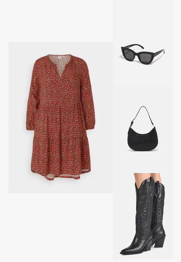 GAP ZEN MINI TIER DRESS - Jurk - red; Zwarte leren cowboylaarzen met spitse neuzen, decoratieve stiksels en schuine blokhakken gedragen door een persoon.; Zwarte cat-eye zonnebril met een matte afwerking, voorzien van grijs getinte glazen, scherpe hoeken en slanke zijarmen. Merkennaam zichtbaar op de binnenarm.; Zwarte hobo tas van soepel leer met een gebogen silhouet, voorzien van een enkele verstelbare schouderriem en minimalistische ontwerpdetails.