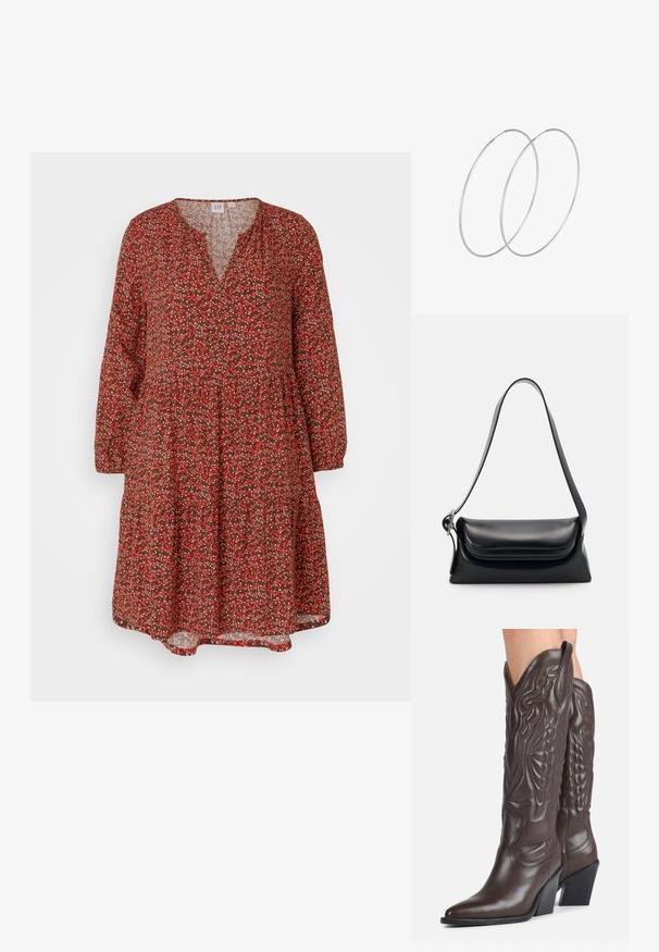 GAP ZEN MINI TIER DRESS - Jurk - red; Donkerbruine leren cowboylaarzen tot over de knie met puntige neuzen, decoratieve stiksels en schuine blokhakken gedragen door een persoon.; Zwarte leren handtas met een gestructureerde vorm, een gladde textuur en een enkele schouderband. Heeft een subtiele, afgeronde klepontwerp.; Zilveren hoepel oorbellen met een minimalistisch ontwerp. Cirkelvormig, gladde textuur en dun profiel. Lichtgewicht met een gepolijste afwerking.