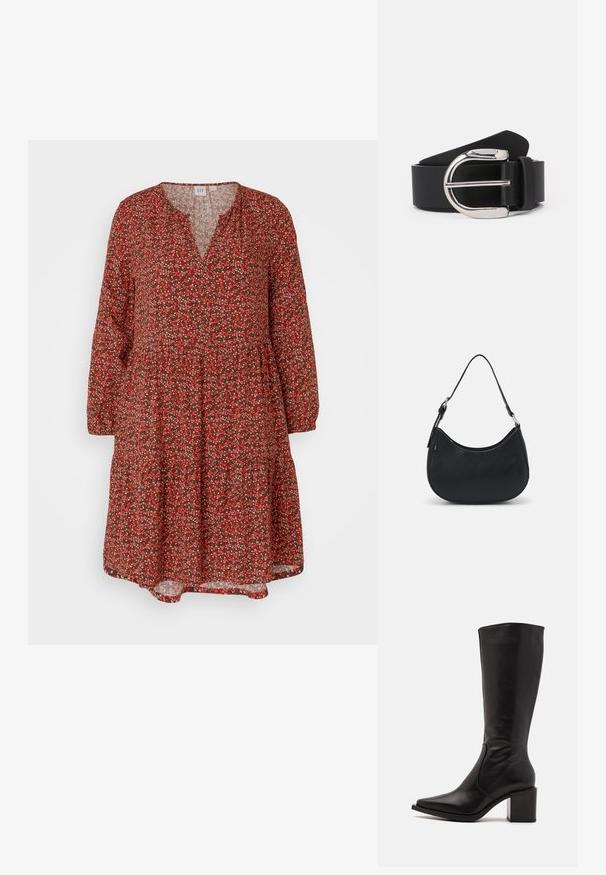 GAP ZEN MINI TIER DRESS - Jurk - red; Zign by Zalando LEATHER - Laarzen - black; Zwarte hobo tas van soepel leer met een gebogen silhouet, voorzien van een enkele verstelbare schouderriem en minimalistische ontwerpdetails.; Zwarte leren riem met een zilveren metalen gespan, met een gladde textuur en een klassiek ontwerp. De riem heeft een breedte van 3,8 cm.