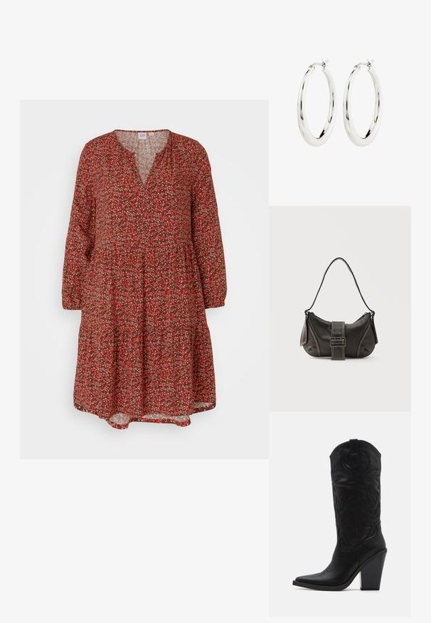 GAP ZEN MINI TIER DRESS - Jurk - red; Simmi London DANIQUE - Laarzen met hoge hak - black; Zwarte leren schoudertas met gespsluiting aan de riem, afgeronde hoeken en contrasterende witte stiksels op een effen achtergrond.; Zilveren oorbellen in de vorm van een gladde, glanzende ring. Circulaire vorm, voorzien van een veilige sluiting. Eenvoudig en elegant ontwerp.