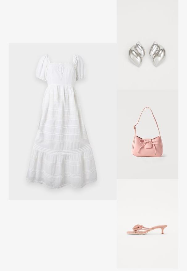 Vestido midi blanco con mangas abullonadas, escote cuadrado, cintura entallada y falda de volantes con detalles de encaje y plisados.; Chanclas de color rosa claro con un detalle texturizado de flor en la tira y un tacón pequeño. Material suave y diseño abierto.; Bolso pequeño de hombro color rosa pastel con correa ajustable y detalle de lazo en el frente con extremos dorados sobre un fondo liso.; Pendientes de plata con una forma orgánica y abstracta. Superficie lisa y brillante con un diseño cónico. Presentan suaves curvas y un detalle de línea central.
