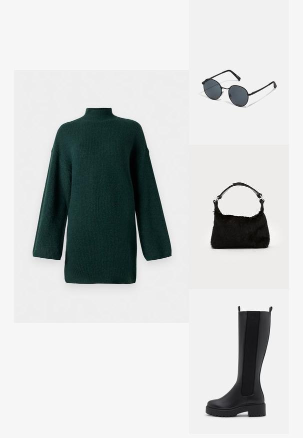 Mørkegrøn, struktureret sweater med høj hals, lange ærmer og en let oversized silhuet. Har ribstrikdetaljer overalt.; Sorte knæhøje støvler med en glat læderoverflade, elastiske sidepaneler og en kraftig struktureret sål for godt greb.; Sorte metal solbriller med runde linser, mørkt tonede, slanke arme og justerbare næsepuder, der har et minimalistisk design uden synlig branding.; Sort faux fur håndtaske med en blød tekstur, rund form og en robust skulderrem i sort læder. Synlige sølvhardware-detaljer.
