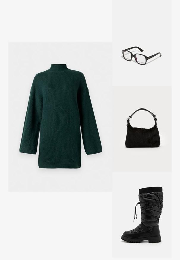 Mørkegrøn, struktureret sweater med høj hals, lange ærmer og en let oversized silhuet. Har ribstrikdetaljer overalt.; Sorte knæhøje støvler med en kviltet tekstur, der har snørebåndsdesign, kontrasterende ribbet topkant og en tyk, robust sål.; Sorte rektangulære briller med klare linser, der har afrundede kanter og sideaccenter, med en blank finish på stellet og arme.; Sort faux fur håndtaske med en blød tekstur, rund form og en robust skulderrem i sort læder. Synlige sølvhardware-detaljer.