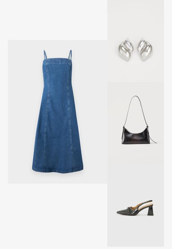 Robe midi en denim bleu avec fines bretelles, encolure carrée et corsage ajusté s'évasant légèrement vers l'ourlet.; Chaussure slingback en cuir verni noir avec un bout pointu, un talon triangulaire et une sangle décorative avec des accents en argent. Texture lisse.; Sac à bandoulière noir à texture crocodile, fermeture éclair et longue lanière fine, présenté sur fond blanc.; Boucles d'oreilles en argent avec une forme organique et abstraite. Surface lisse et brillante avec un design effilé. Présente des courbes subtiles et un détail central en ligne.