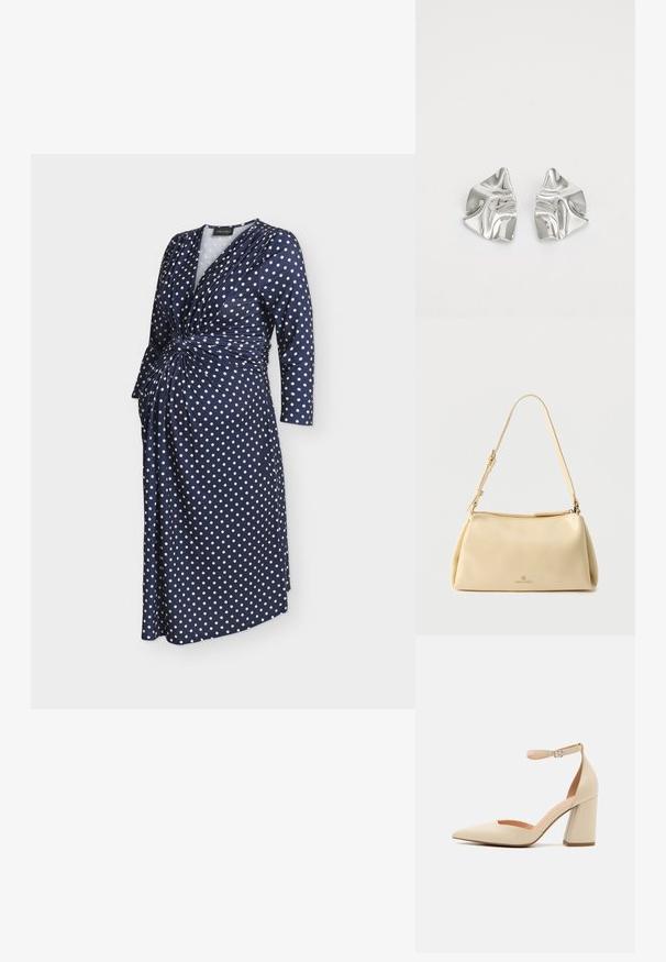 Vestido cruzado azul marino con lunares blancos, mangas largas y detalle de nudo recogido en la cintura.; Zapato de tacón alto de charol beige con punta afilada, correa en el tobillo y tacón grueso. Textura suave con detalles de costura mínimos.; Bolso de hombro beige rectangular con correa ajustable y cierre de cremallera, con un pequeño logo "Anna Field" en el centro frontal.; Pendientes de metal plateado con un diseño ondulado y escultórico, que presentan un acabado pulido y formas irregulares, destacando una estética contemporánea.