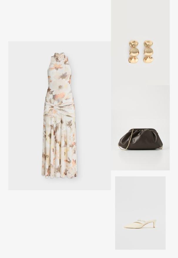 Bardot LEANNA - Ένδυση για ειδικές περιστάσεις - ivory floral; Dolce Vita KANIKA PEARL - Κλασικές γόβες - vanilla; Καφέ δερμάτινη τσάντα χεριού με συγκεντρωμένο σχέδιο, χρυσό αλυσίδα ιμάντα και μαλακή, υφή. Συμπαγής σχήμα κατάλληλο για βραδινή χρήση.; Σκουλαρίκια σε χρυσό τόνο με τρία ακανόνιστα, λεία, στρογγυλεμένα τμήματα στοιχισμένα κατακόρυφα σε ένα απλό φωτεινό φόντο.