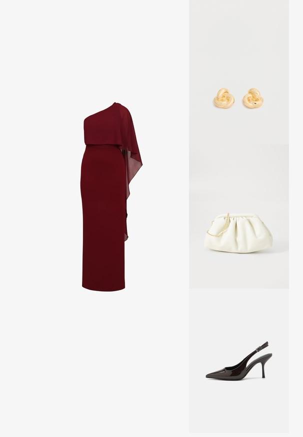 Ärmelloses dunkelrotes bodenlanges Kleid mit asymmetrischem Cape, das über eine Schulter drapiert ist und einen Lagen-Effekt erzeugt.; Slingback-Pumps aus glänzendem dunklen braunen Lackleder, mit spitzer Zehenpartie, offenen Seiten und verstellbarem Knöchelriemen.; Weiße Lederhandtasche mit einem gerafften Design, ausgestattet mit einem goldenen Kettenriemen und einer runden Form. Glatte Textur mit sanften Falten und ohne Muster.; Paar glänzende Ohrstecker in Form eines Knotens in Goldton vor einem einfachen weißen Hintergrund.
