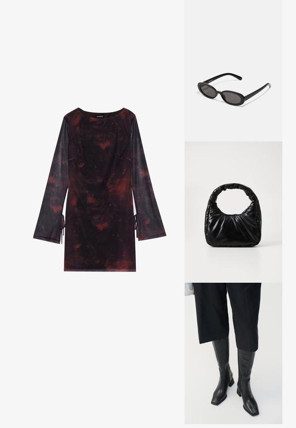 Even&Odd Hverdagskjole - black/red; Sorte læder støvler til knæene med firkantet tå og blokhælc. Har en sidezipper og glat tekstur.; Even&Odd Solbriller - black; Sort polstret håndtaske med et rundt håndtag, der har en glat, skinnende overflade og en blød, kviltet tekstur. Ingen synlige hardware eller accenter.