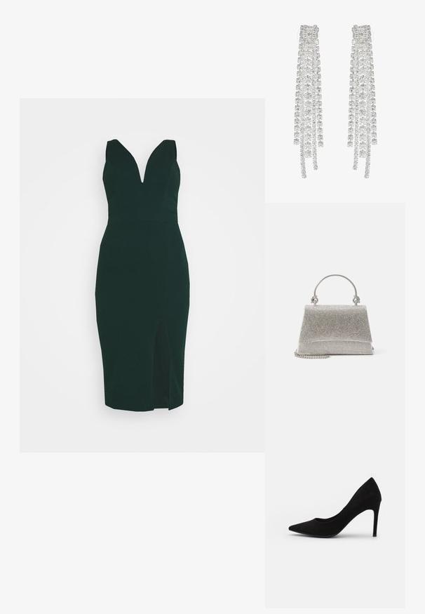 WAL G. V NECK PLUNGE MIDI DRESS - Robe en jersey - forest green; Pompe à talon aiguille en suède noir, avec un bout pointu, une texture lisse et un talon stiletto fin. Design classique avec une silhouette épurée.; ALDO FELISIA - Sac à main - silver-coloured; De longues boucles d'oreilles en argent ornées d'un assortiment de cristaux transparents à facettes, disposés en fils cascade de longueurs et de formes variées.