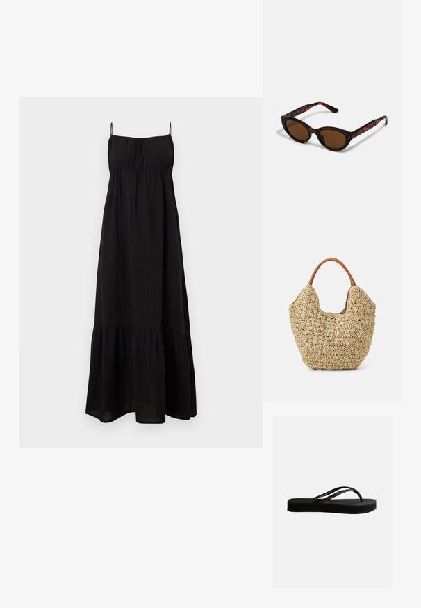Vestido maxi negro sin mangas con tirantes finos, bodice fruncido y falda con volantes.; Chancla negra de goma con suela texturizada y correa en forma de Y, mostrada en vista lateral sobre un fondo liso y claro.; Gafas de sol de carey marrón con una forma vintage de ojo de gato y lentes marrones. Presentan brazos curvados con acentos rojos.; Bolsa de tote de paja trenzada con una textura natural y una forma suave y orgánica, con asas de cuero marrón para un fácil transporte.