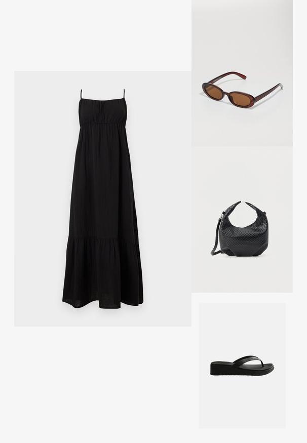 Vestido maxi negro sin mangas con tirantes finos, bodice fruncido y falda con volantes.; Sandalia de cuña negra con plantilla texturizada y tiras delgadas con una sutil marca, sobre un fondo blanco liso.; Gafas de sol redondas con tinte marrón y un marco burdeos brillante. Patillas delgadas con un sutil detalle de marca. Diseño de lentes planos.; Bolso de mano de cuero negro trenzado con asa corta y correa de hombro desmontable, exhibido sobre un fondo claro y liso.