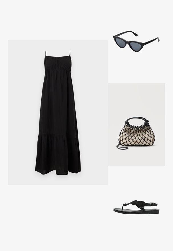 Vestido maxi negro sin mangas con tirantes finos, bodice fruncido y falda con volantes.; Sandalias planas negras con una correa trenzada, hebilla ajustable en el tobillo y una plantilla de cuero suave. Diseño minimalista con una silueta elegante.; Gafas de sol negras en forma de ojo de gato con lentes gris oscuro, marco de plástico elegante, esquinas puntiagudas y patillas rectas. Sin herrajes ni acentos visibles.; Bolso de tela beige encerrado en una red negra anudada con asa estructurada negra y delgada correa de hombro desmontable, sobre un fondo liso.