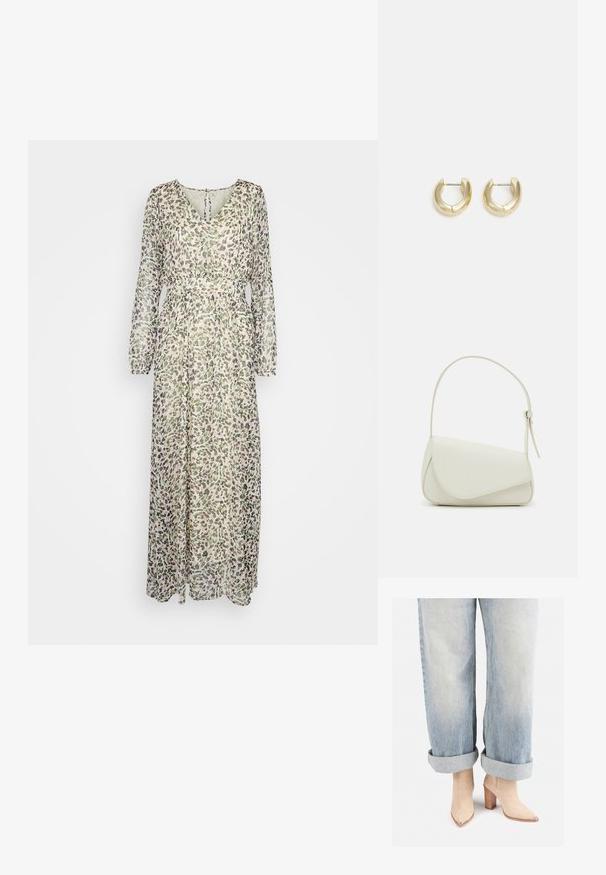 ONLY ONLADELE LIFE DRESS - Maxikleid - sandshell; Beige Wildleder-Ankle-Boots mit einer spitzen Zehenpartie und metallicfarbenem Absatz, kombiniert mit hellblauen hochgekrempelten Jeans.; Weiße Kunstleder-Handtasche mit einer strukturierten dreieckigen Form, einem verstellbaren Einzelgurt und einem Klappenverschluss mit geschwungenen Akzenten.; Goldfarbene Creolen mit einer glatten, polierten Oberfläche. Sie haben eine halbkreisförmige Form und einen sicheren Stiftverschluss.