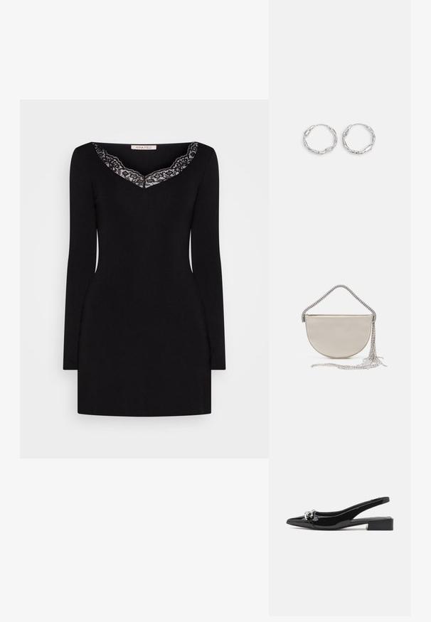 Anna Field by Zalando Strickkleid - black; Schwarzer Slingback-Schuh aus Lackleder mit spitzer Kappe, niedrigem Blockabsatz und silberfarbenem Schmuckdetail vorne.; Halbmond-Clutch aus beigem Satin mit einer funkelnden silbernen Kettenriemen und Fransendetail. Glatte Textur mit minimalistischem Design.; Silberne Creolen mit einer welligen, unregelmäßigen Textur. Besitzen eine dünne, kreisförmige Form und eine reflektierende Oberfläche.